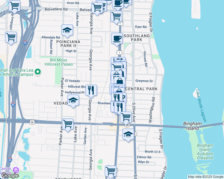 map of restaurants, bars, coffee shops, grocery stores, and more near 3415 South Dixie Highway in West Palm Beach