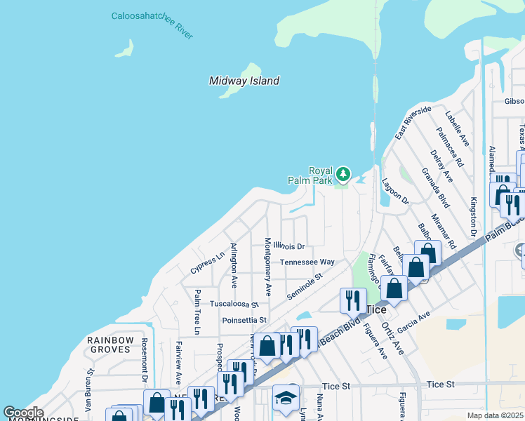 map of restaurants, bars, coffee shops, grocery stores, and more near 4472 East Riverside Drive in Fort Myers