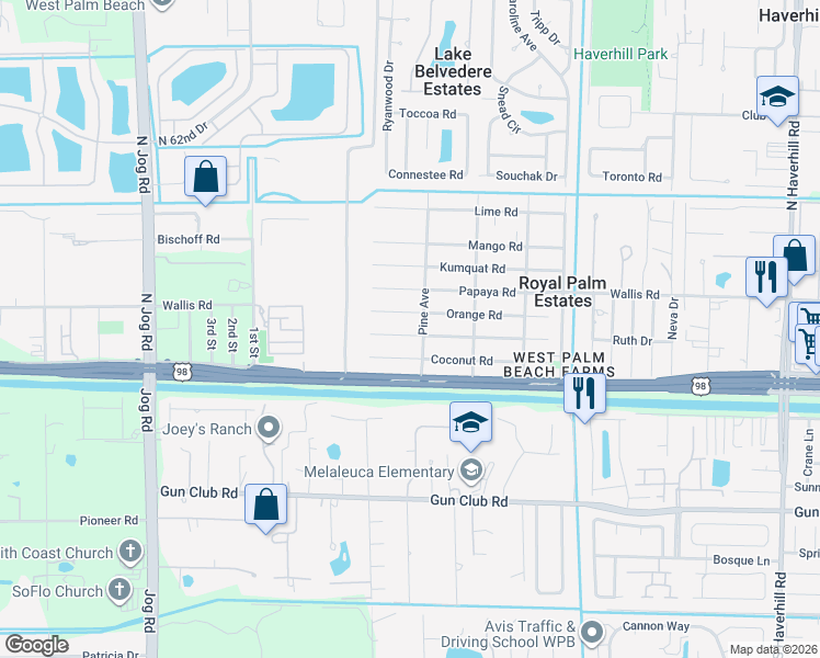 map of restaurants, bars, coffee shops, grocery stores, and more near 174 Pine Avenue in West Palm Beach