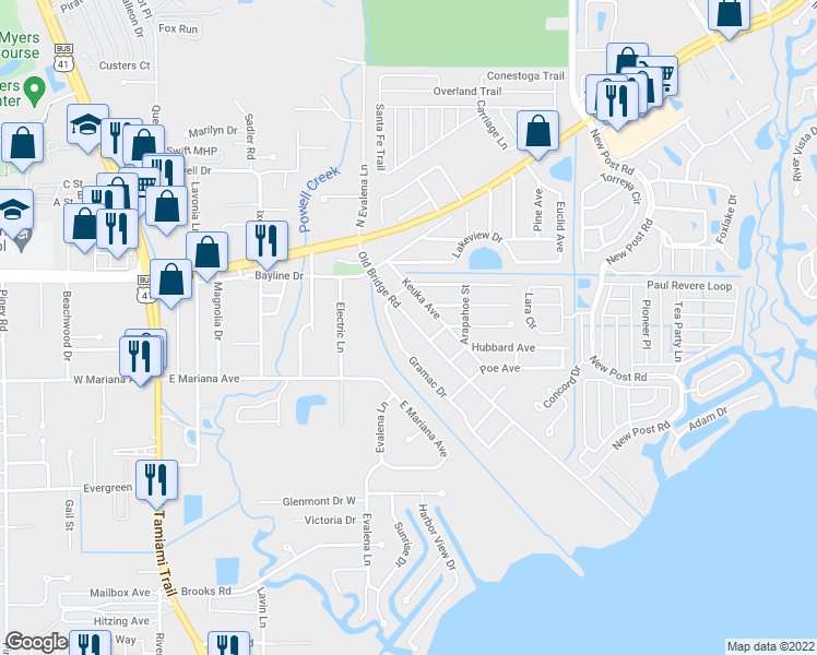 map of restaurants, bars, coffee shops, grocery stores, and more near 1314 Old Bridge Road in North Fort Myers