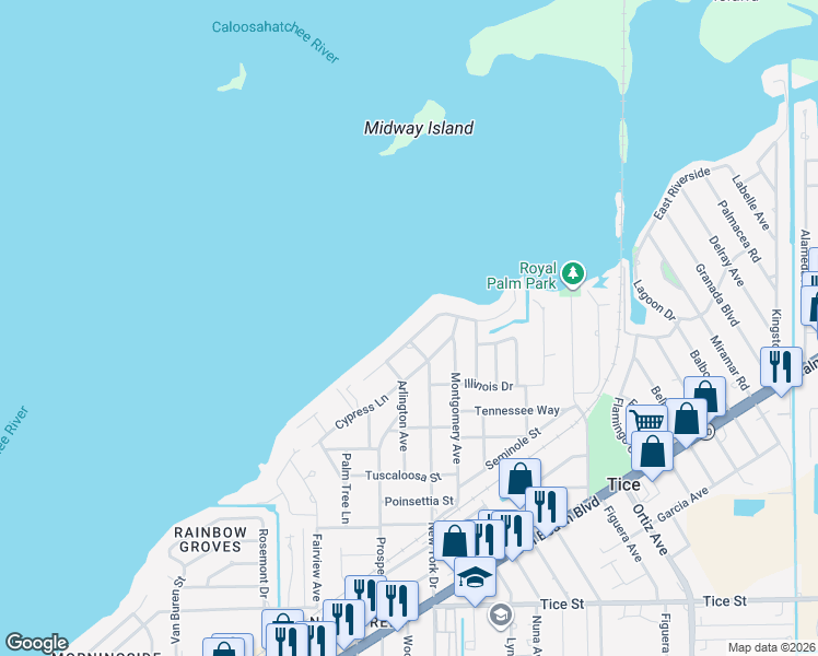 map of restaurants, bars, coffee shops, grocery stores, and more near 4441 East Riverside Drive in Fort Myers