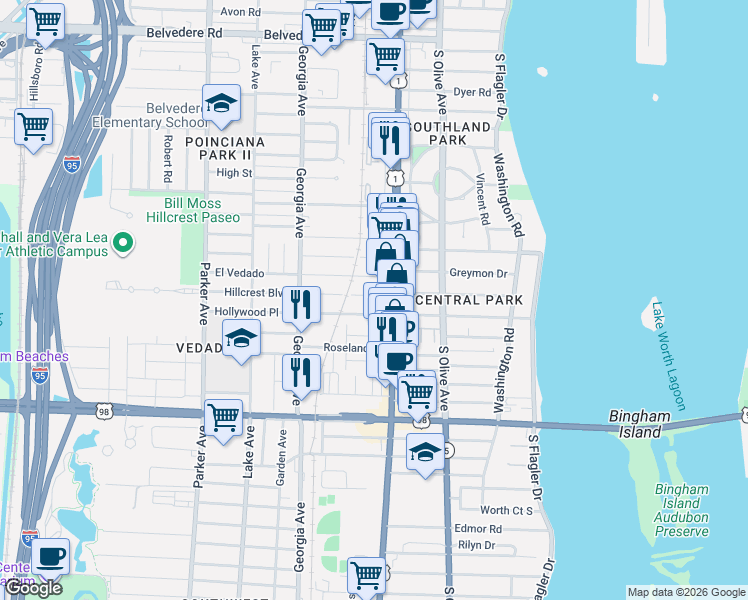 map of restaurants, bars, coffee shops, grocery stores, and more near 3415 South Dixie Highway in West Palm Beach
