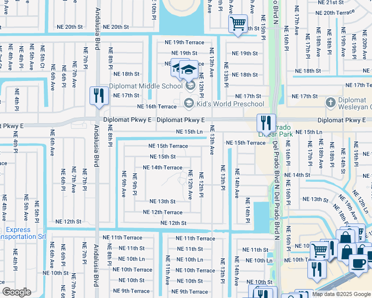 map of restaurants, bars, coffee shops, grocery stores, and more near 1122 Northeast 15th Terrace in Cape Coral
