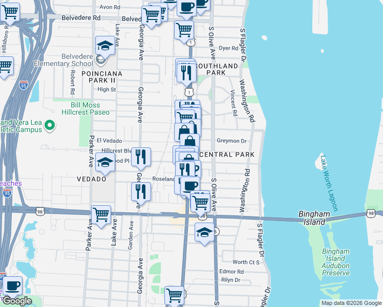 map of restaurants, bars, coffee shops, grocery stores, and more near 3415 South Dixie Highway in West Palm Beach