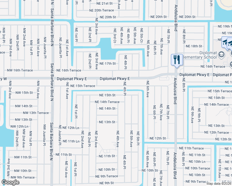 map of restaurants, bars, coffee shops, grocery stores, and more near 335 Northeast 15th Street in Cape Coral