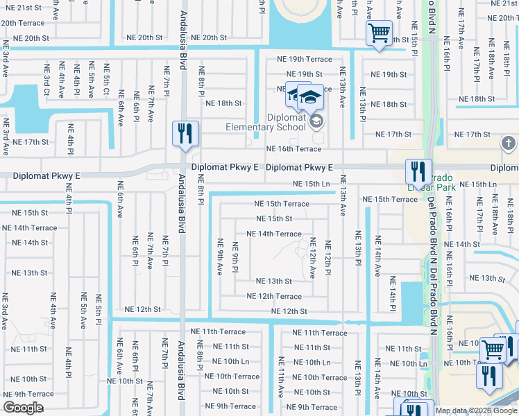 map of restaurants, bars, coffee shops, grocery stores, and more near 1010 Northeast 15th Terrace in Cape Coral