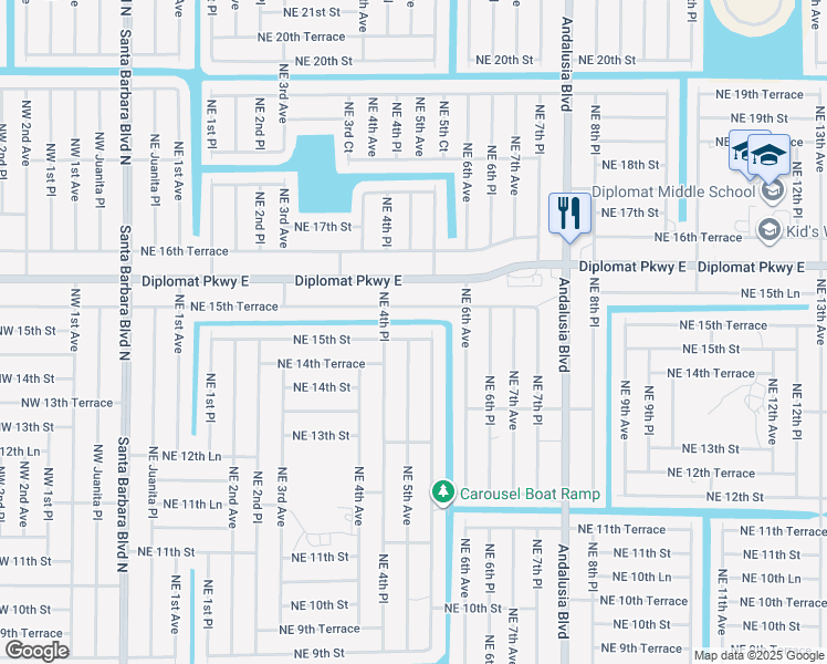 map of restaurants, bars, coffee shops, grocery stores, and more near 503 Northeast 15th Street in Cape Coral
