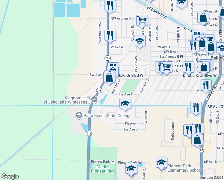 map of restaurants, bars, coffee shops, grocery stores, and more near 580 Southwest 14th Street in Belle Glade