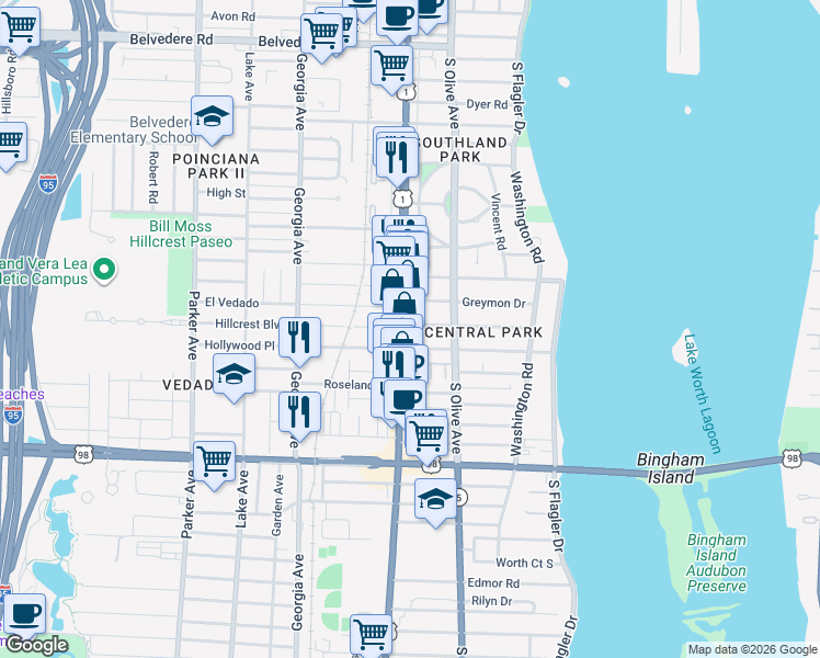 map of restaurants, bars, coffee shops, grocery stores, and more near 3415 South Dixie Highway in West Palm Beach