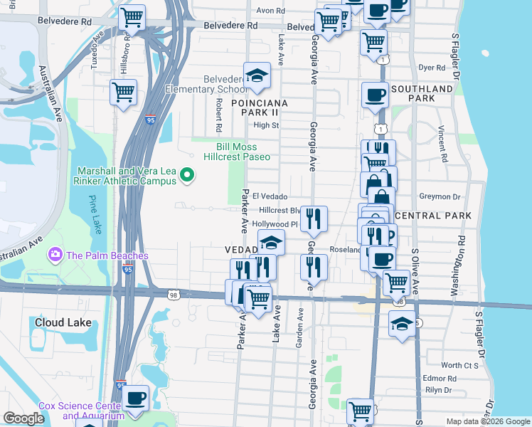 map of restaurants, bars, coffee shops, grocery stores, and more near 800 Hillcrest Boulevard in West Palm Beach
