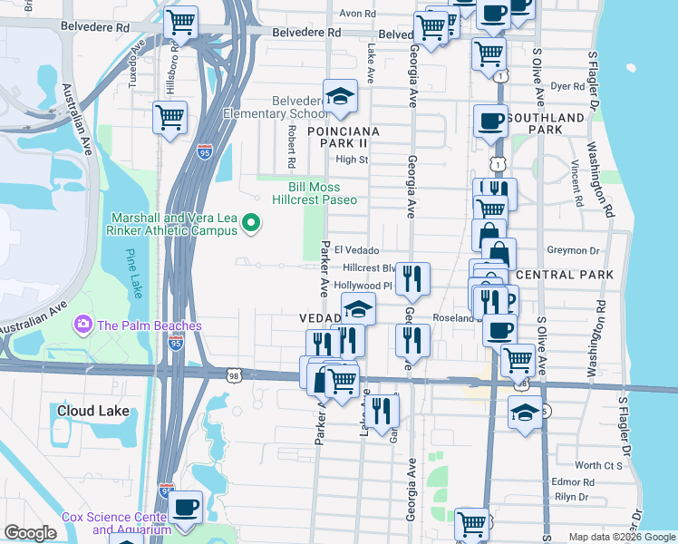map of restaurants, bars, coffee shops, grocery stores, and more near 842 Hillcrest Boulevard in West Palm Beach