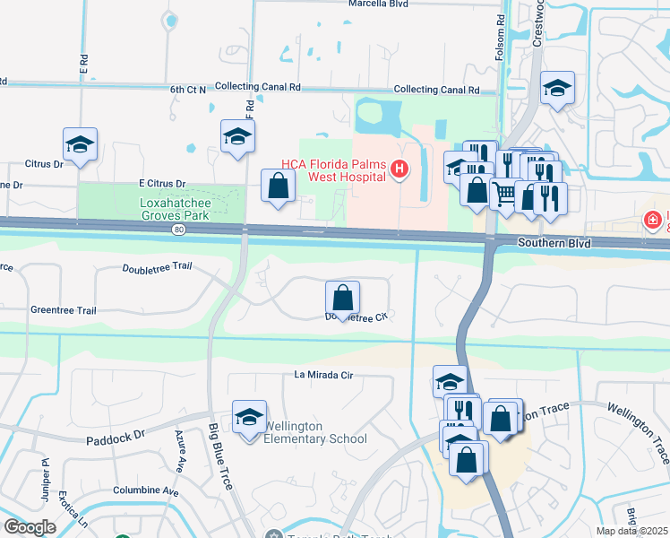map of restaurants, bars, coffee shops, grocery stores, and more near 13343 Doubletree Circle in Wellington