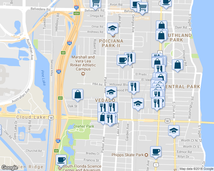 map of restaurants, bars, coffee shops, grocery stores, and more near 842 Hillcrest Boulevard in West Palm Beach