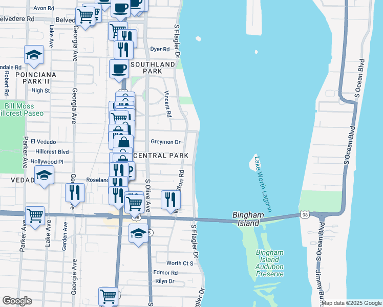 map of restaurants, bars, coffee shops, grocery stores, and more near 3423 South Flagler Drive in West Palm Beach