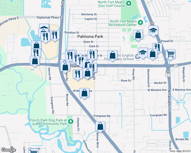 map of restaurants, bars, coffee shops, grocery stores, and more near 3724 Richard Road in North Fort Myers