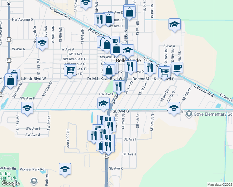 map of restaurants, bars, coffee shops, grocery stores, and more near 600 Southeast 1st Street in Belle Glade