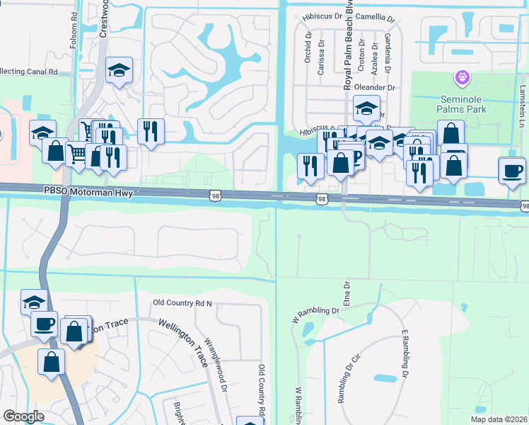 map of restaurants, bars, coffee shops, grocery stores, and more near Southern Blvd in Royal Palm Beach