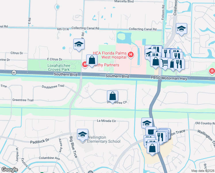 map of restaurants, bars, coffee shops, grocery stores, and more near 13353 Doubletree Circle in Wellington