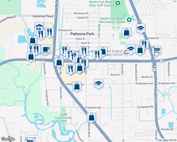 map of restaurants, bars, coffee shops, grocery stores, and more near 3724 Richard Road in North Fort Myers