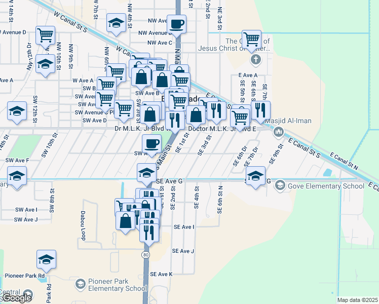 map of restaurants, bars, coffee shops, grocery stores, and more near in Belle Glade