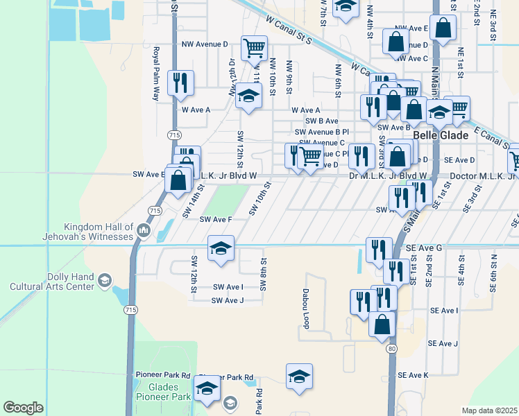 map of restaurants, bars, coffee shops, grocery stores, and more near 573 Southwest 10th Street in Belle Glade