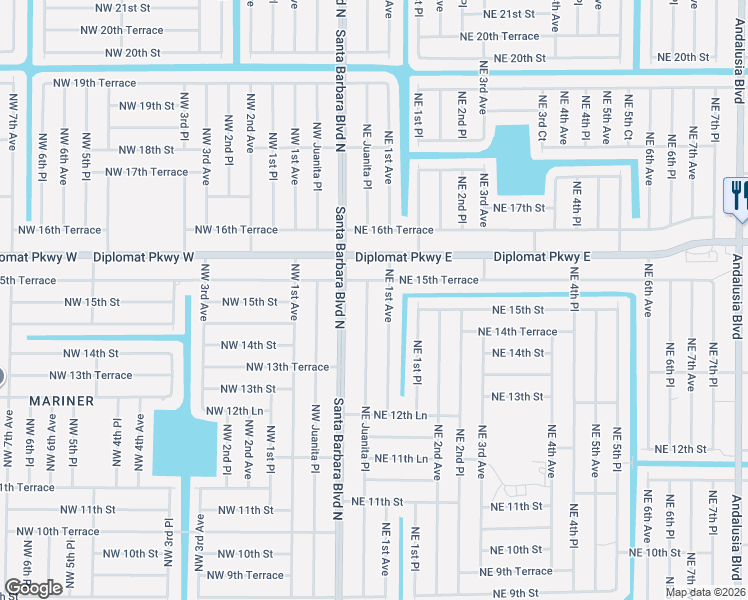 map of restaurants, bars, coffee shops, grocery stores, and more near 1438 Northeast Juanita Place in Cape Coral