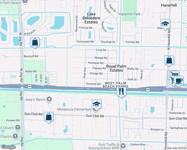 map of restaurants, bars, coffee shops, grocery stores, and more near 5774 Orange Road in West Palm Beach