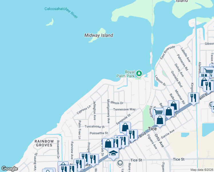 map of restaurants, bars, coffee shops, grocery stores, and more near 4472 East Riverside Drive in Fort Myers