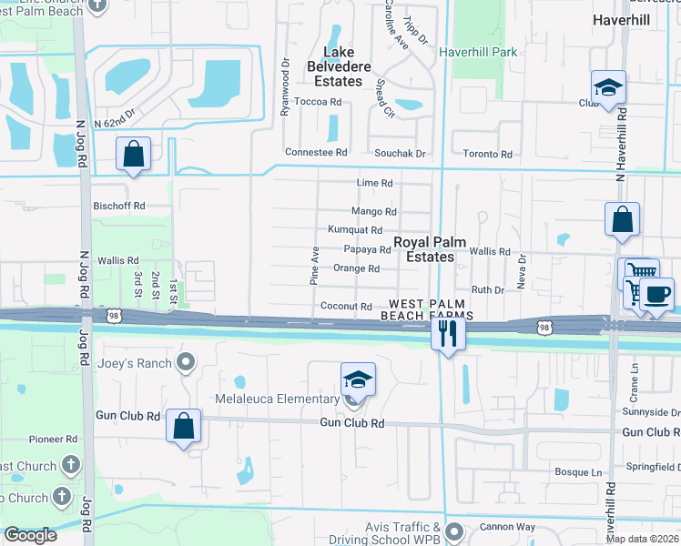 map of restaurants, bars, coffee shops, grocery stores, and more near 5774 Orange Road in West Palm Beach
