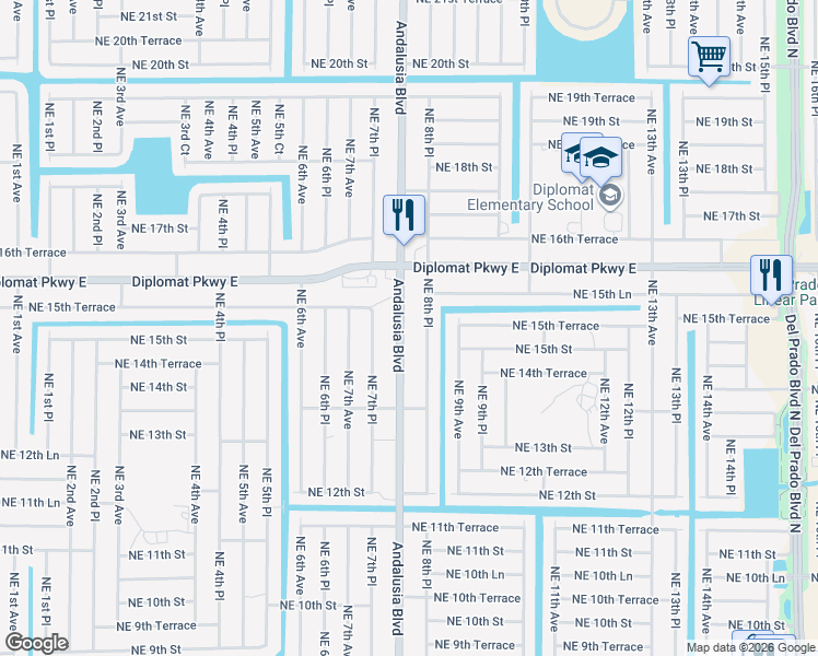 map of restaurants, bars, coffee shops, grocery stores, and more near 1513 Andalusia Boulevard in Cape Coral