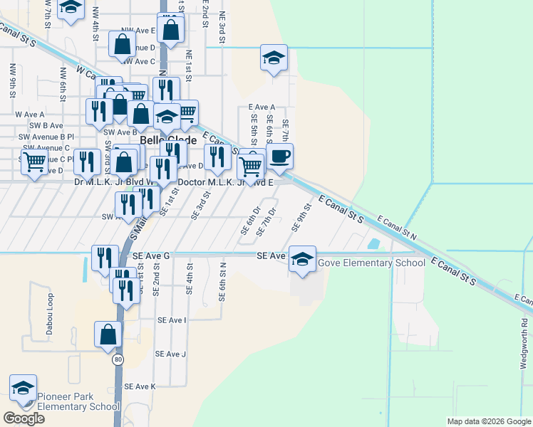 map of restaurants, bars, coffee shops, grocery stores, and more near 566 Southeast 7th Drive in Belle Glade