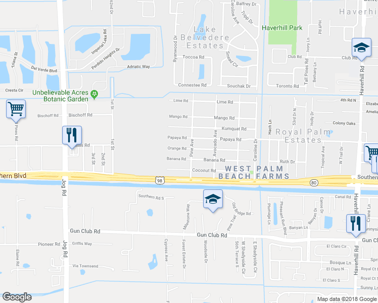 map of restaurants, bars, coffee shops, grocery stores, and more near 174 Pine Avenue in West Palm Beach