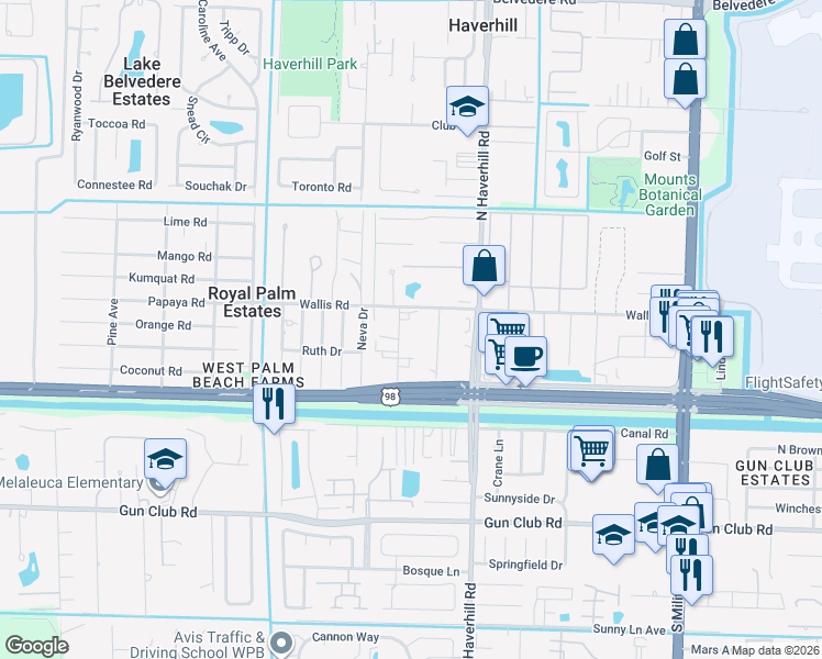 map of restaurants, bars, coffee shops, grocery stores, and more near 184 Tropical Avenue in West Palm Beach