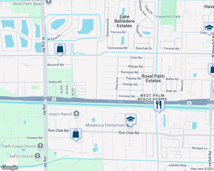 map of restaurants, bars, coffee shops, grocery stores, and more near 5956 Orange Road in West Palm Beach