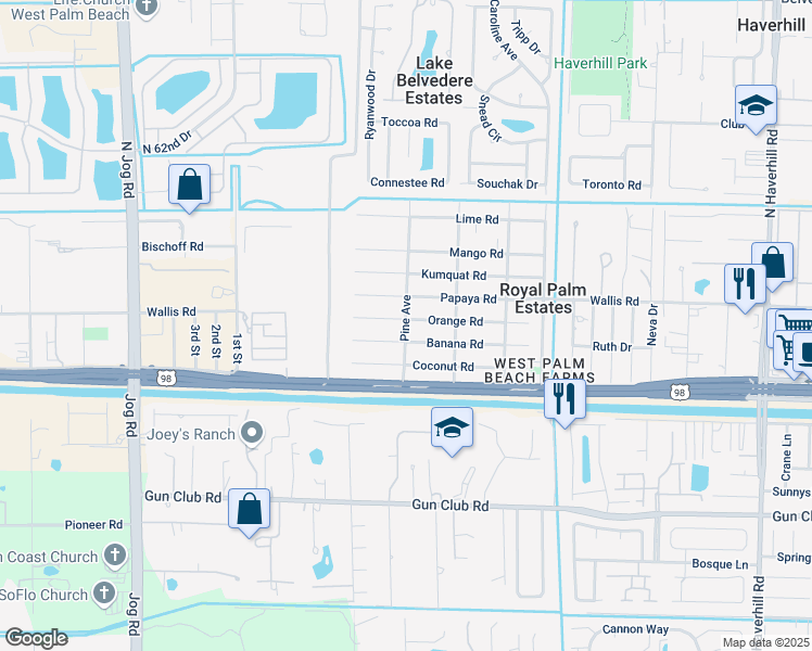 map of restaurants, bars, coffee shops, grocery stores, and more near 174 Pine Avenue in West Palm Beach