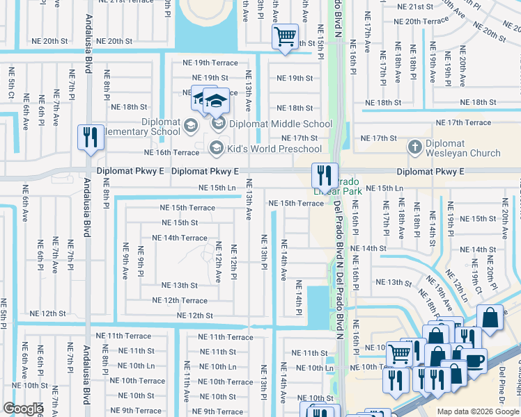 map of restaurants, bars, coffee shops, grocery stores, and more near 1514 Northeast 13th Place in Cape Coral