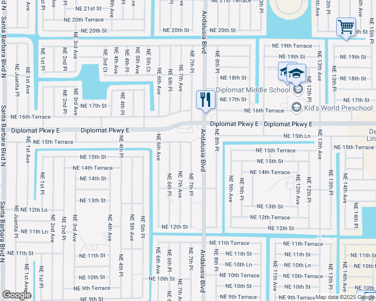 map of restaurants, bars, coffee shops, grocery stores, and more near 1506 Northeast 7th Place in Cape Coral