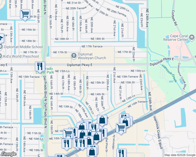 map of restaurants, bars, coffee shops, grocery stores, and more near 1942 Northeast 15th Terrace in Cape Coral