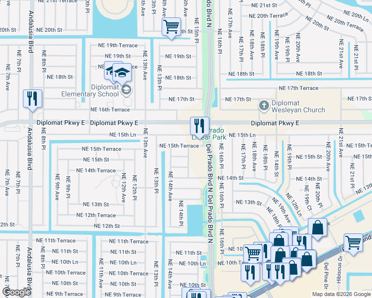 map of restaurants, bars, coffee shops, grocery stores, and more near 1418 Northeast 15th Terrace in Cape Coral
