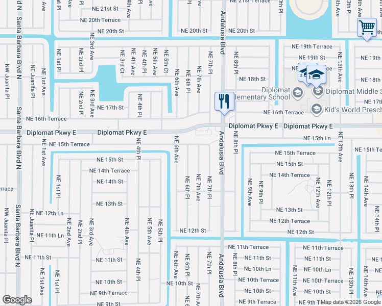 map of restaurants, bars, coffee shops, grocery stores, and more near 1501 Northeast 6th Place in Cape Coral