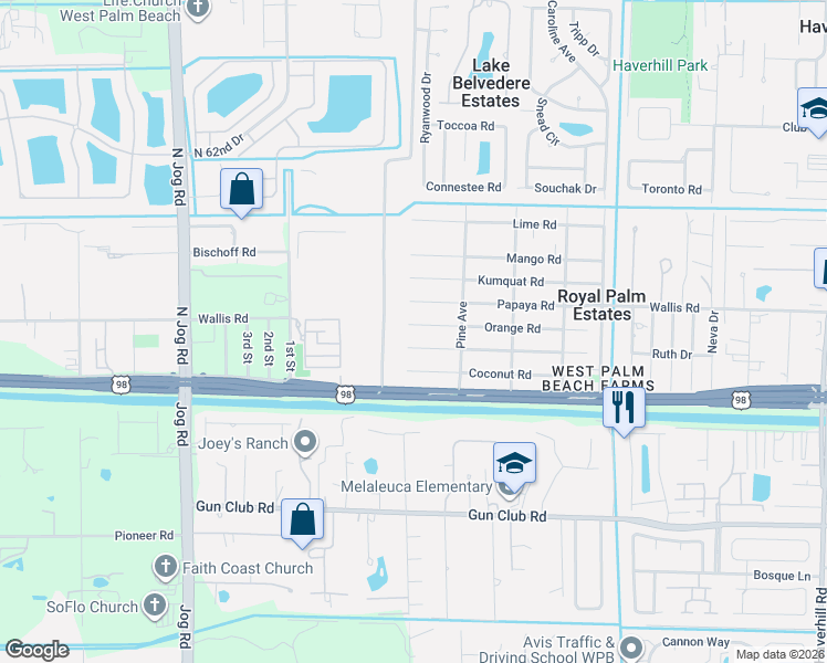 map of restaurants, bars, coffee shops, grocery stores, and more near 5956 Orange Road in West Palm Beach