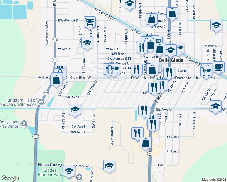 map of restaurants, bars, coffee shops, grocery stores, and more near 576 Southwest 7th Street in Belle Glade