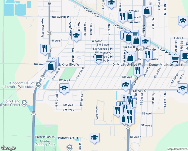 map of restaurants, bars, coffee shops, grocery stores, and more near 576 Southwest 7th Street in Belle Glade