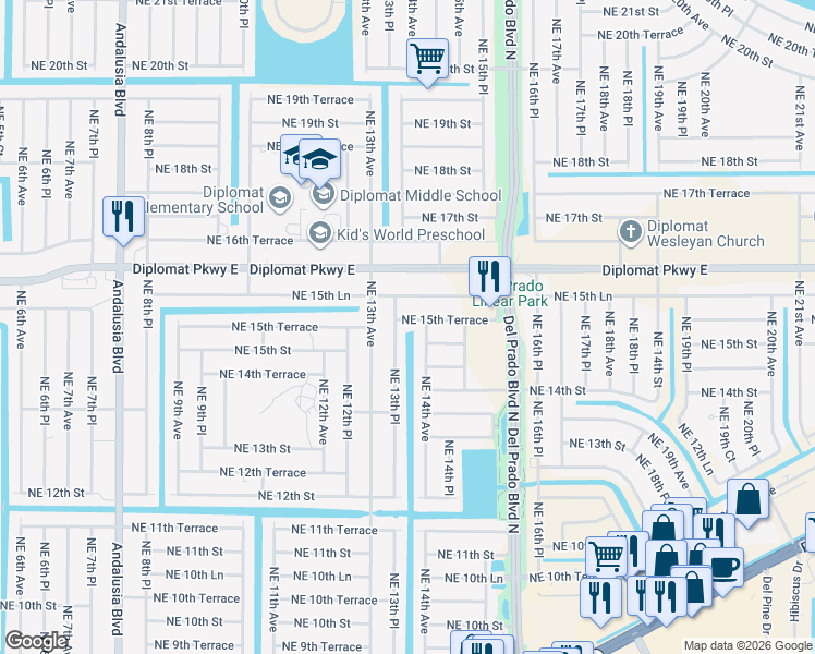 map of restaurants, bars, coffee shops, grocery stores, and more near 1514 Northeast 13th Place in Cape Coral