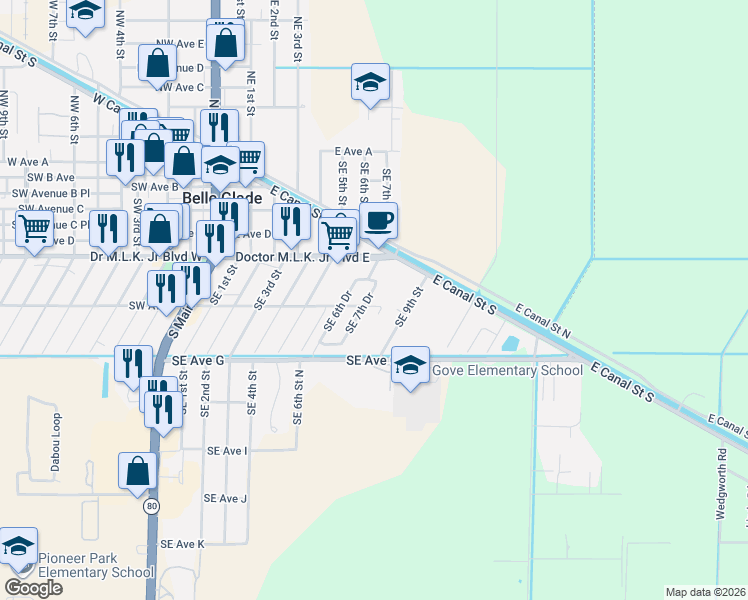 map of restaurants, bars, coffee shops, grocery stores, and more near 751 Southeast Avenue F in Belle Glade