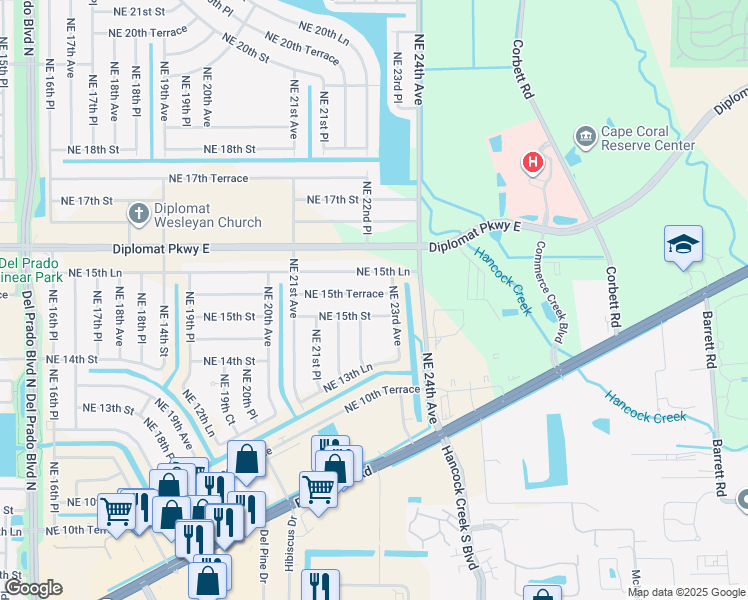 map of restaurants, bars, coffee shops, grocery stores, and more near 2222 Northeast 15th Terrace in Cape Coral