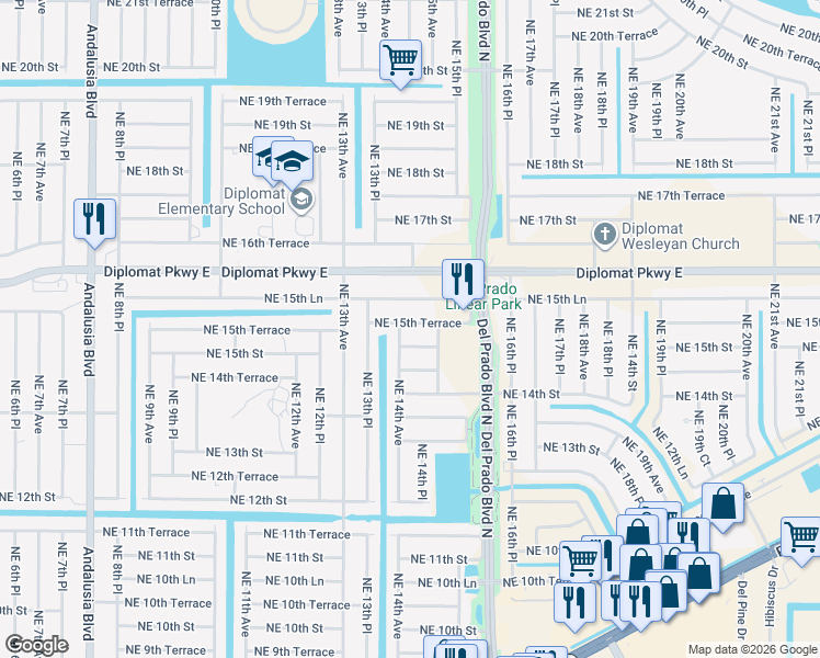 map of restaurants, bars, coffee shops, grocery stores, and more near 1404 Northeast 15th Terrace in Cape Coral