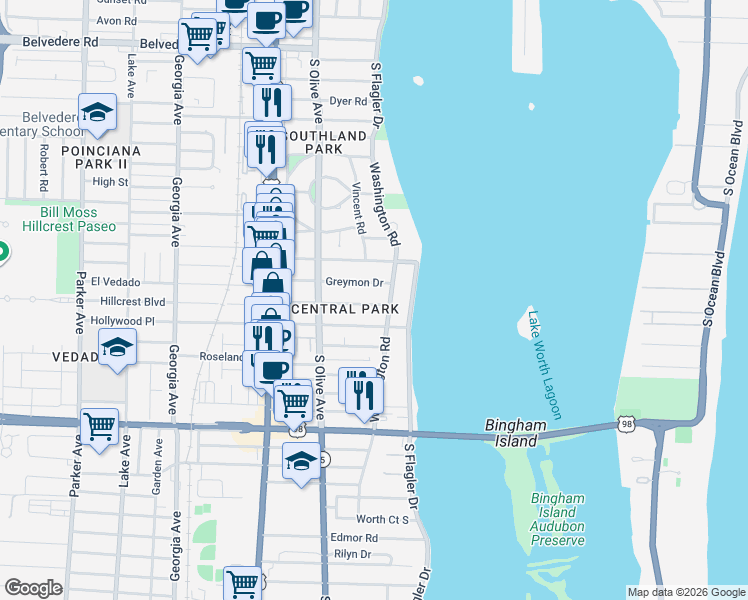 map of restaurants, bars, coffee shops, grocery stores, and more near 137 Edgewood Drive in West Palm Beach