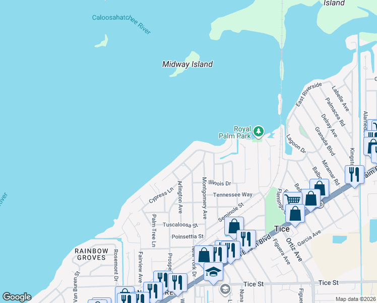 map of restaurants, bars, coffee shops, grocery stores, and more near 4441 East Riverside Drive in Fort Myers