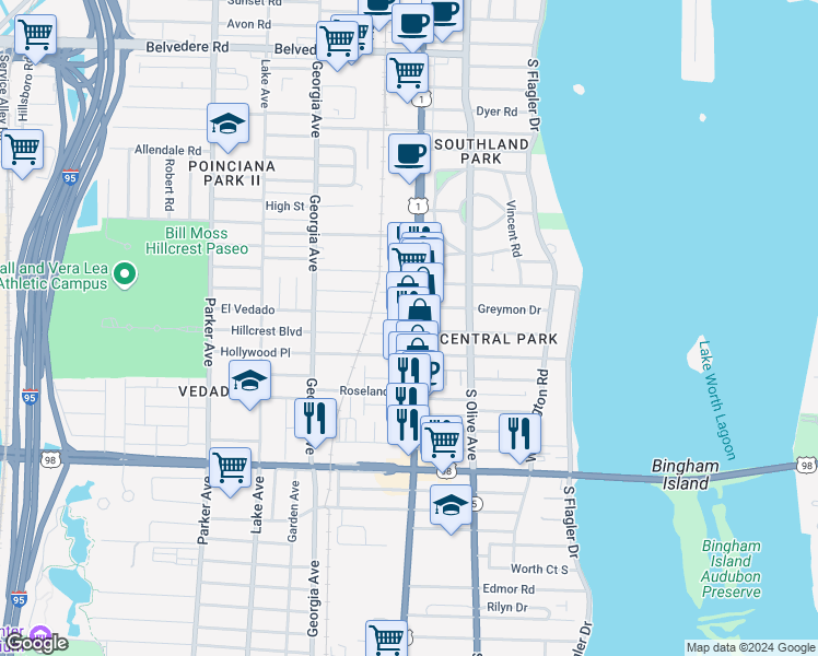 map of restaurants, bars, coffee shops, grocery stores, and more near 3415 South Dixie Highway in West Palm Beach